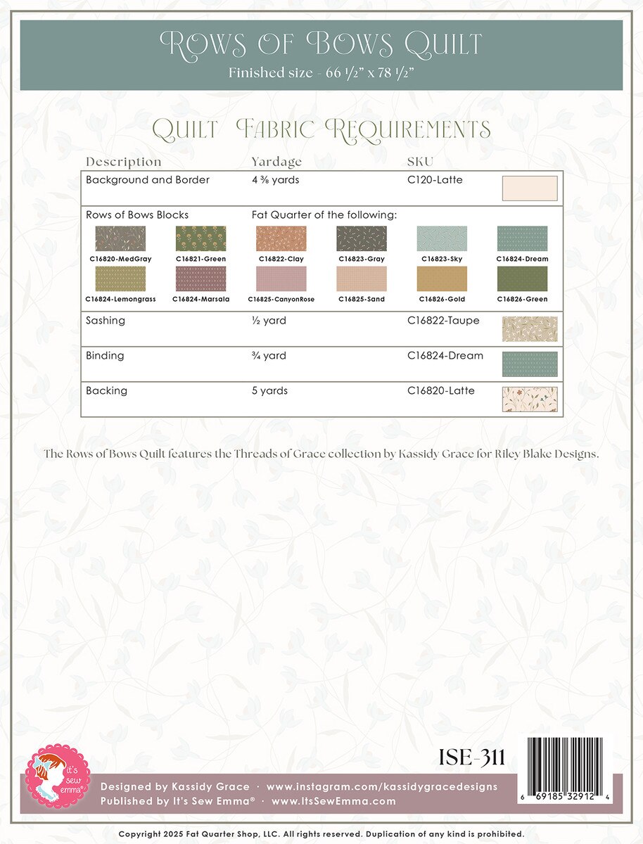 Rows of Bows quilt pattern by Kassidy Grace featuring pieced bow blocks in a fat quarter–friendly layout.