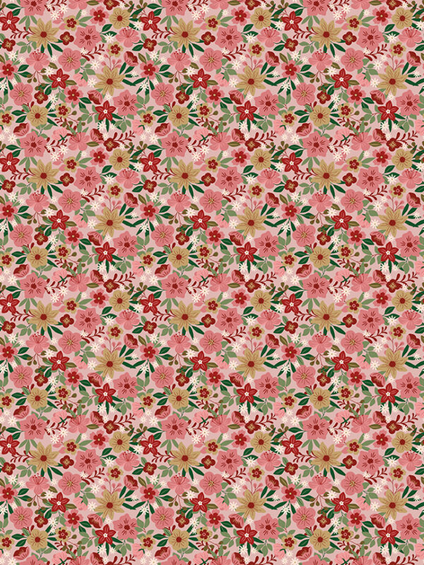 A Spoonful of Sugar Park Garden Shortcake fabric with allover flowers and leaves on a warm shortcake background.