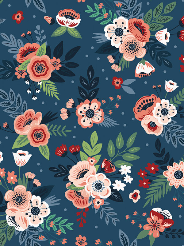A Spoonful of Sugar Floral Night fabric featuring soft floral clusters on a dark night-themed background.