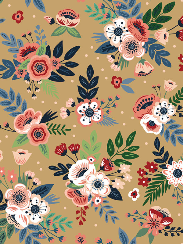 A Spoonful of Sugar Floral Sunrise fabric featuring soft floral clusters on a warm sunrise background.