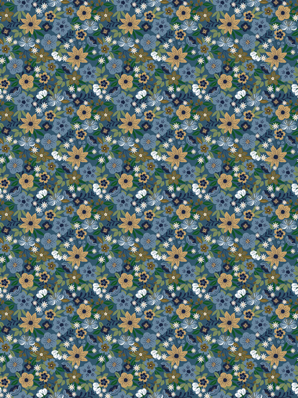 A Spoonful of Sugar Park Garden Blueberry fabric with an allover floral and leaf design in a cool blue colorway.
