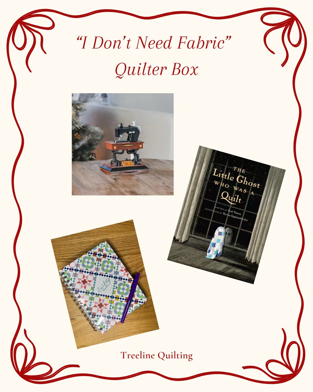 Quilters gifts that aren't fabric, building block sewing machine, Little Ghost who was a Quilt book, quilting notebook. 