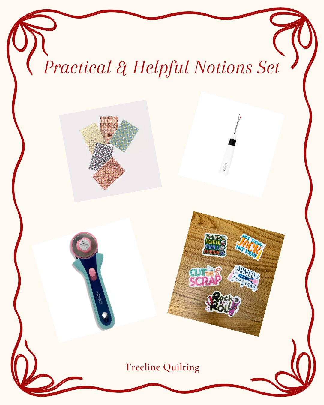 Notions gifts for quilters, rotary blade, quilt notebooks, new seam ripper, vinyl quilt stickers