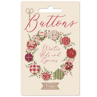 Tilda Creating Memories Winter fabric-covered button set with 10 red and green printed and woven buttons.