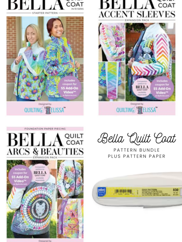 Bella Quilt Coat Maker’s Bundle including the Bella Coat pattern, two expansion packs, and Pellon tracing paper for pattern tracing.