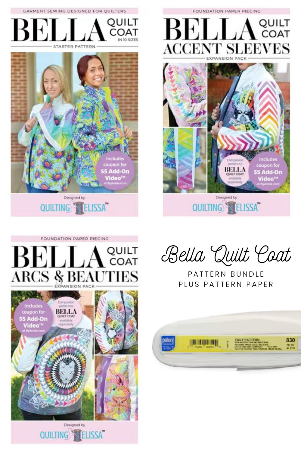 Bella Quilt Coat Maker’s Bundle including the Bella Coat pattern, two expansion packs, and Pellon tracing paper for pattern tracing.