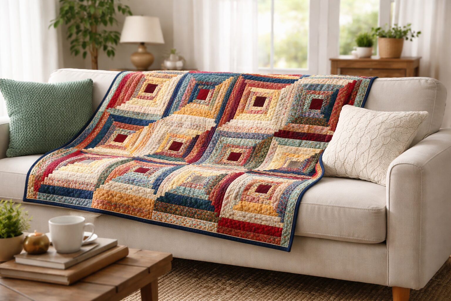 A cozy living room with a log cabin quilt draped across the back of a couch.  