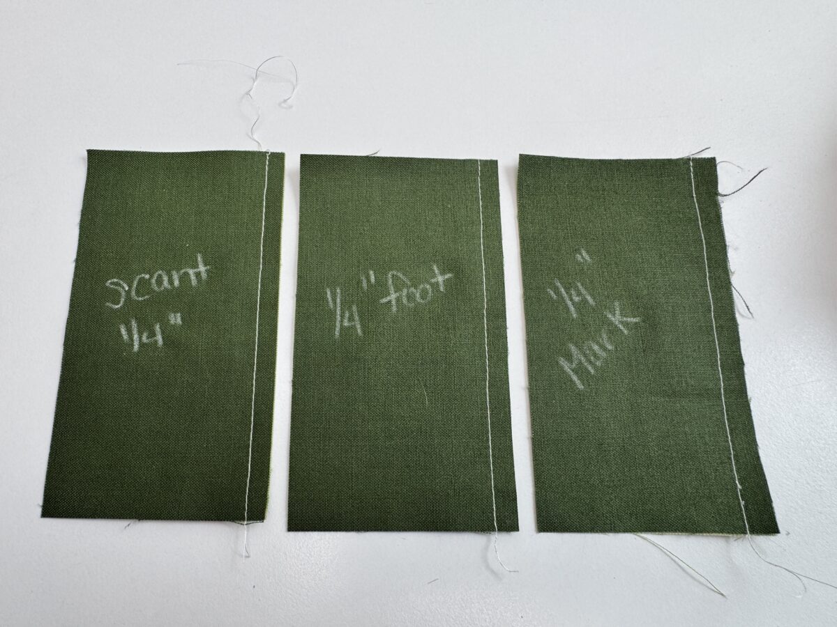 Comparing seam allowances.  One seam allowance is shown slightly too small, one exactly 1/4 inch, and the third example is sewn slightly larger than 1/4 inch seam allowance