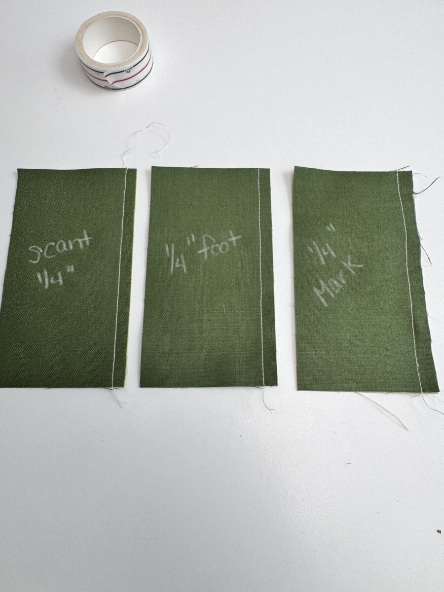 Examples of a scant quarter inch seam, an accurate 1/4 inch seam using a 1/4 inch seam foot, and a slightly too wide 1/4 inch seam using the markings on the bed of the sewing machine.