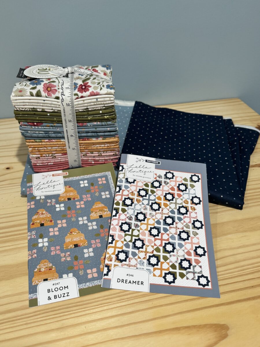 Fat quarter bundle of Wild Honey fabric, the Bloom and Buzz pattern, the Dreamer quilt pattern, and the accent fabrics needed for the Dreamer quilt