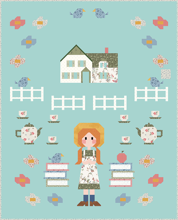 Finished Anne of Green Gables quilt measuring 55 by 68 inches featuring fabric from Riley Blake Designs and pattern by Art East Quilting Co