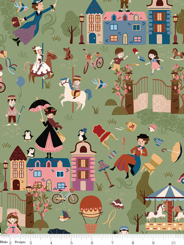 Mary Poppins scenes fabric on green background.