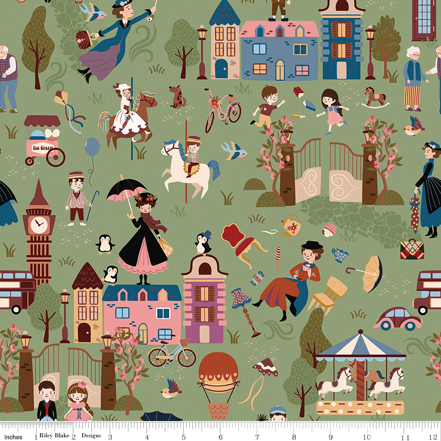 Mary Poppins scenes fabric  on green background.
