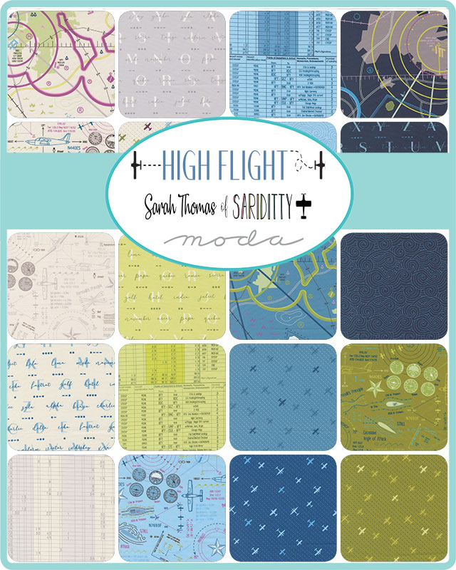 High Flight fabric collection is a Moda collection by Sariditty with a palette of blues, greens, and grey