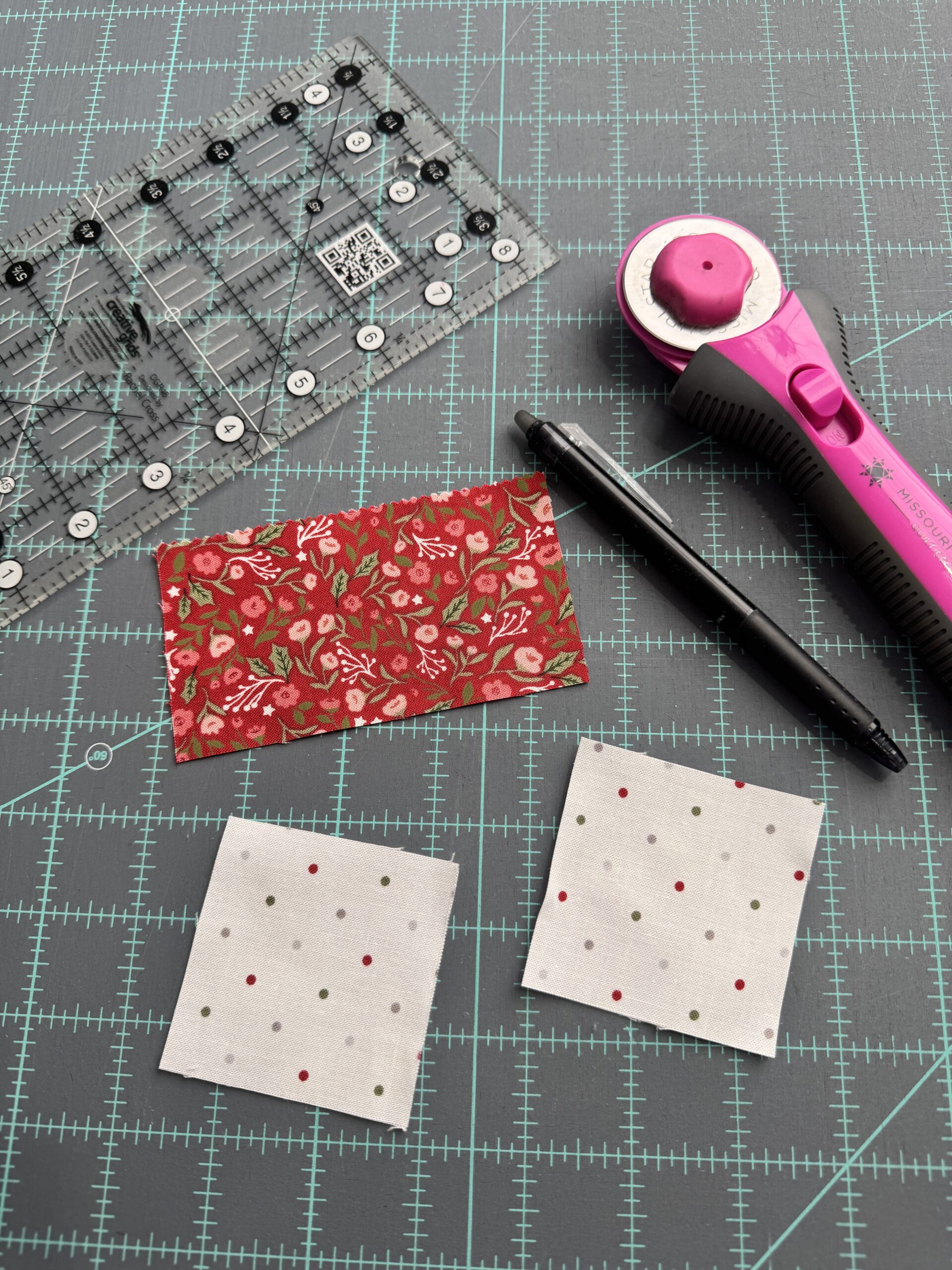 supplies for stitch and flip flying geese including squares rectangle ruler and rotary cutter