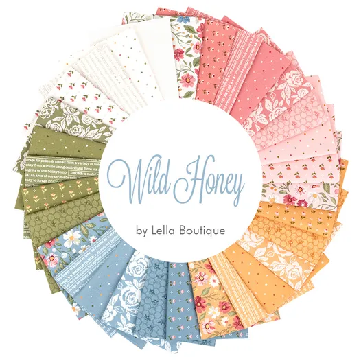 Wild Honey fabric fat quarter bundle of the collection. Prints in white, pink, yellow, blue, and green