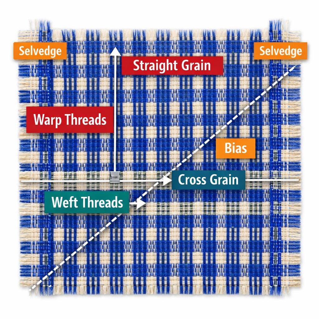 Close up fabric diagram showing warp threads, weft threads, straight grain, cross grain, bias direction, and selvedge edges labeled on a woven cotton fabric