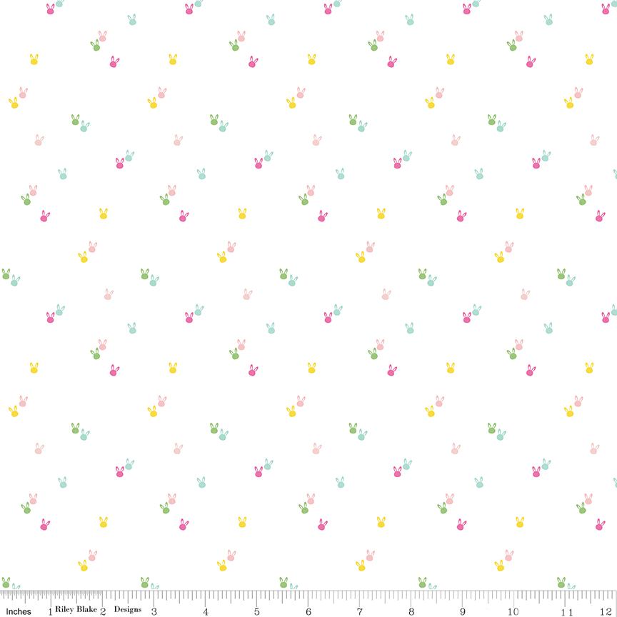 Seasonal Basic Bunnies White fabric by Riley Blake Designs bunny print quilting fabric on white background