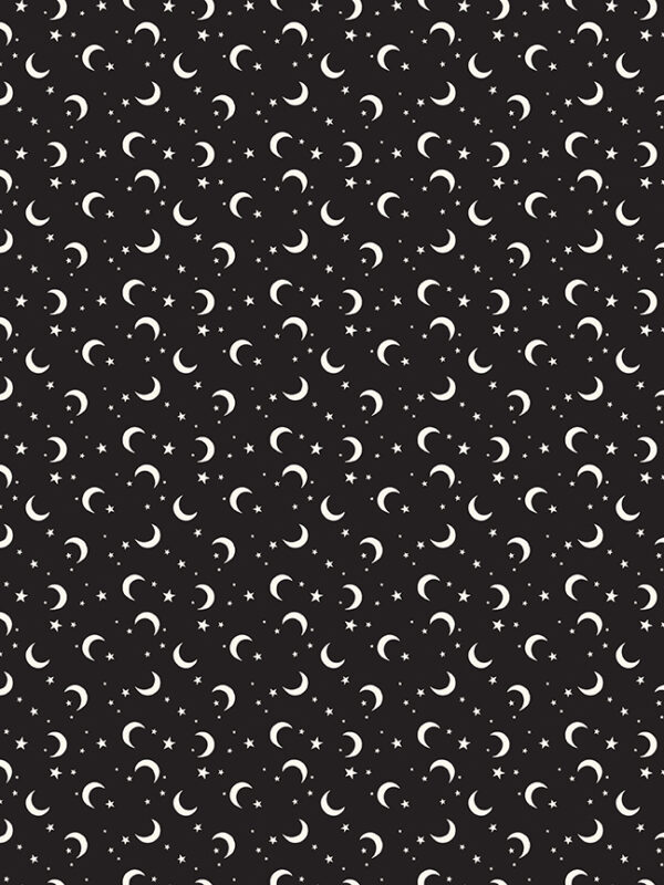 Frank and Friends fabric by My Mind’s Eye with crescent moons and stars, glow in the dark quilting cotton