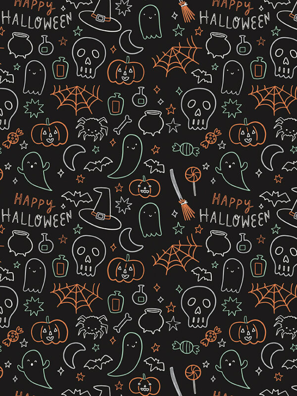 Frank and Friends Halloween Icons Black fabric with ghosts pumpkins bats and glow in the dark elements