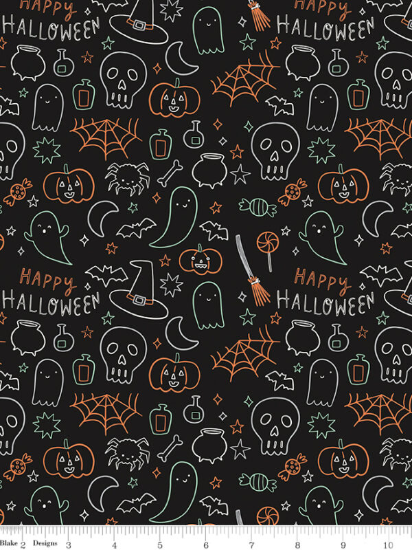 Frank and Friends Halloween Icons Black fabric with ghosts pumpkins bats and glow in the dark elements