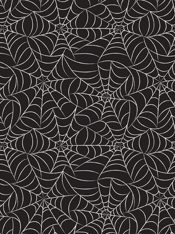 Frank and Friends Webs Black fabric with spiderweb pattern and glow in the dark elements