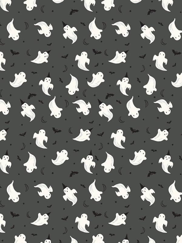 Frank and Friends Ghosts Charcoal fabric with ghosts bats moons and glow in the dark elements