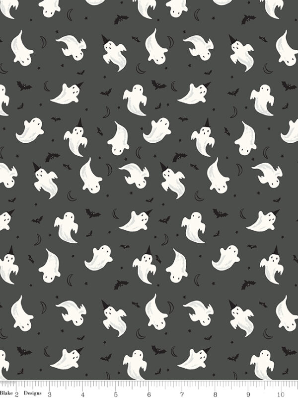 Frank and Friends Ghosts Charcoal fabric with ghosts bats moons and glow in the dark elements