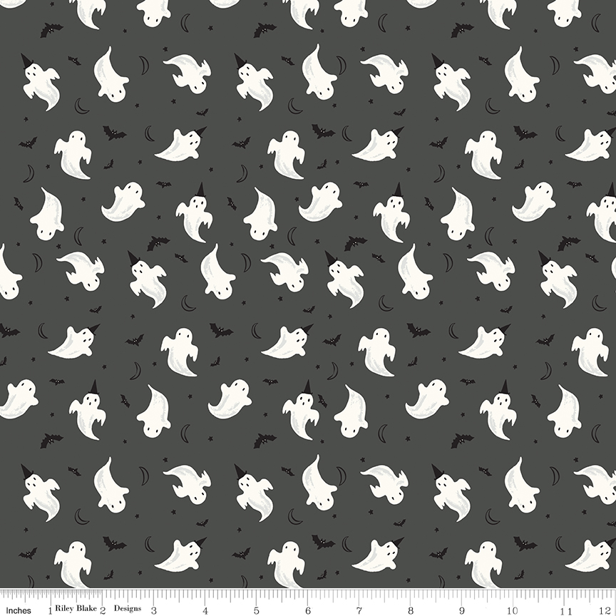 Frank and Friends Ghosts Charcoal fabric with ghosts bats moons and glow in the dark elements
