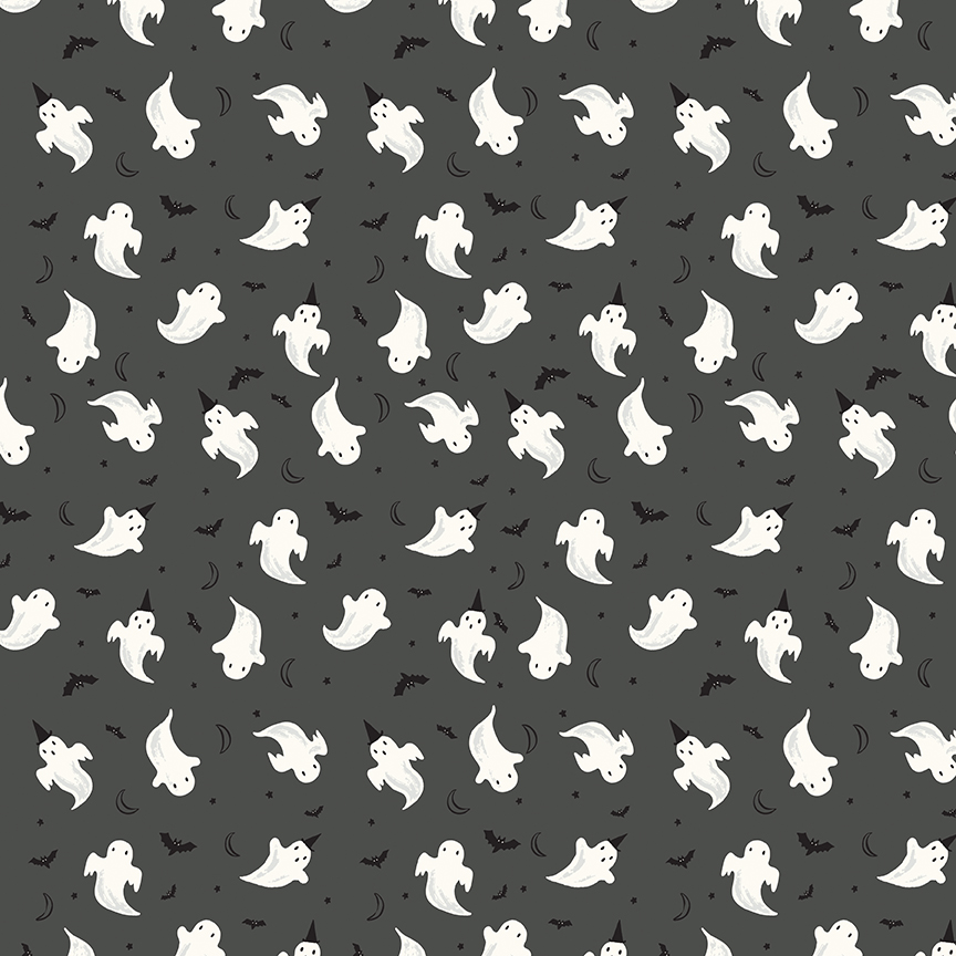 Frank and Friends Ghosts Charcoal fabric with ghosts bats moons and glow in the dark elements