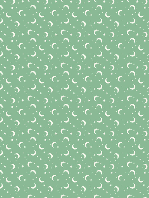Frank and Friends Moon and Stars Green fabric with crescent moons and stars