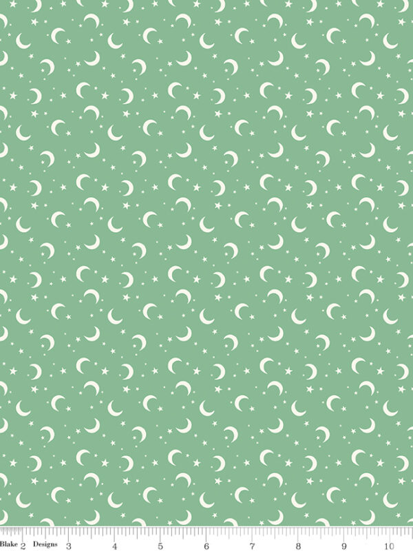 Frank and Friends Moon and Stars Green fabric with crescent moons and stars