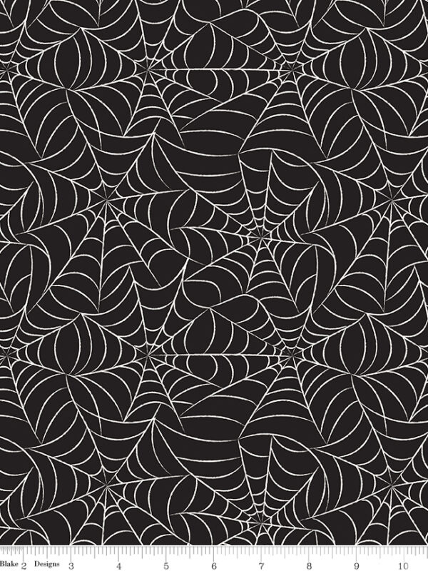 Frank and Friends Webs Black fabric with spiderweb pattern and glow in the dark elements