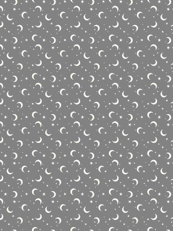 Frank and Friends Moon and Stars Gray fabric with crescent moons and stars