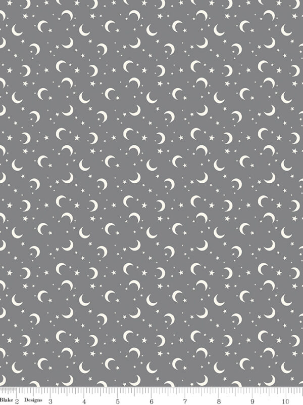 Frank and Friends Moon and Stars Gray fabric with crescent moons and stars