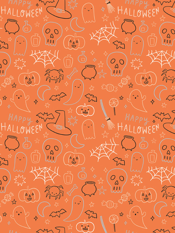 Frank and Friends Halloween Icons Orange fabric with ghosts pumpkins bats and Halloween motifs