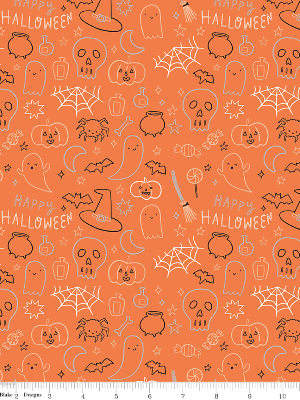 Frank and Friends Halloween Icons Orange fabric with ghosts pumpkins bats and Halloween motifs