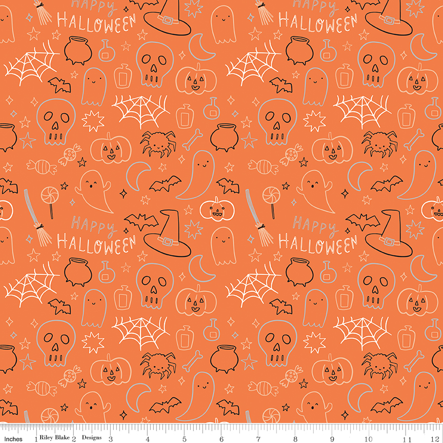 Frank and Friends Halloween Icons Orange fabric with ghosts pumpkins bats and Halloween motifs