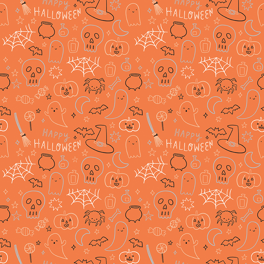 Frank and Friends Halloween Icons Orange fabric with ghosts pumpkins bats and Halloween motifs