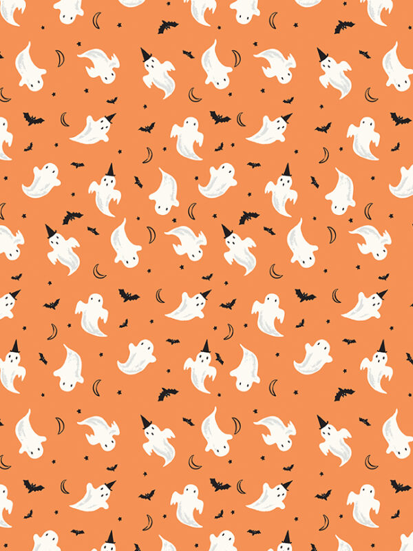 Frank and Friends Ghosts Orange fabric with ghosts bats moons and stars