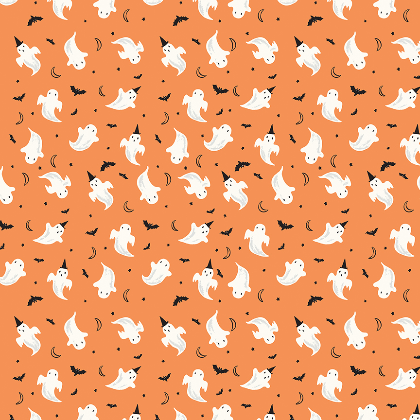 Frank and Friends Ghosts Orange fabric with ghosts bats moons and stars