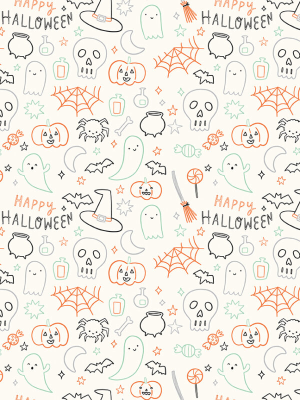 Frank and Friends Halloween Icons Cloud fabric with ghosts pumpkins bats and Halloween motifs