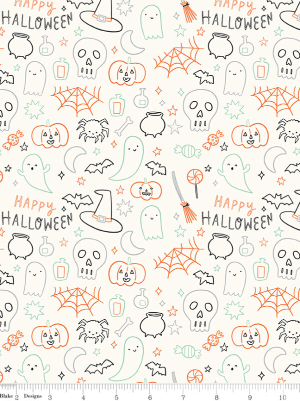 Frank and Friends Halloween Icons Cloud fabric with ghosts pumpkins bats and Halloween motifs