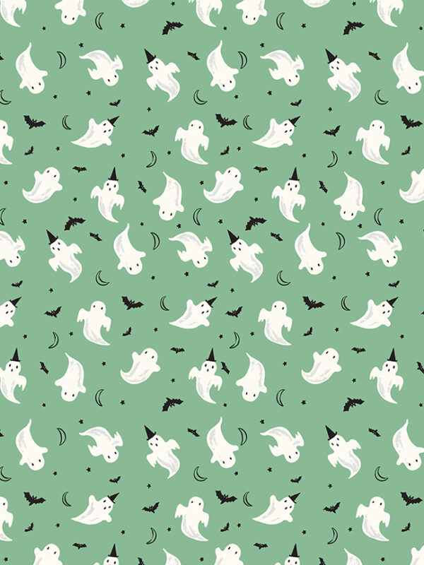 Frank and Friends Ghosts Green fabric with ghosts bats moons and stars