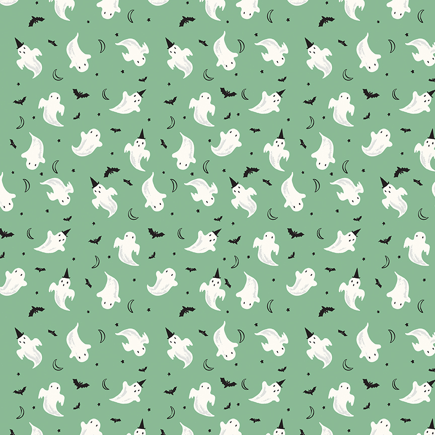 Frank and Friends Ghosts Green fabric with ghosts bats moons and stars
