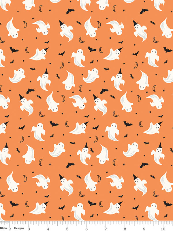 Frank and Friends Ghosts Orange fabric with ghosts bats moons and stars