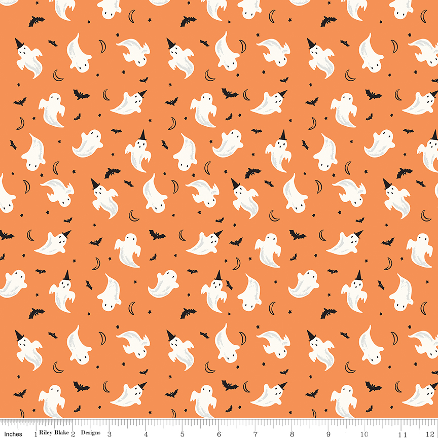 Frank and Friends Ghosts Orange fabric with ghosts bats moons and stars