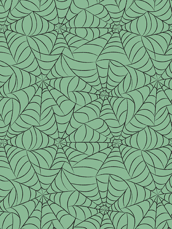 Frank and Friends Webs Green fabric with spiderweb pattern