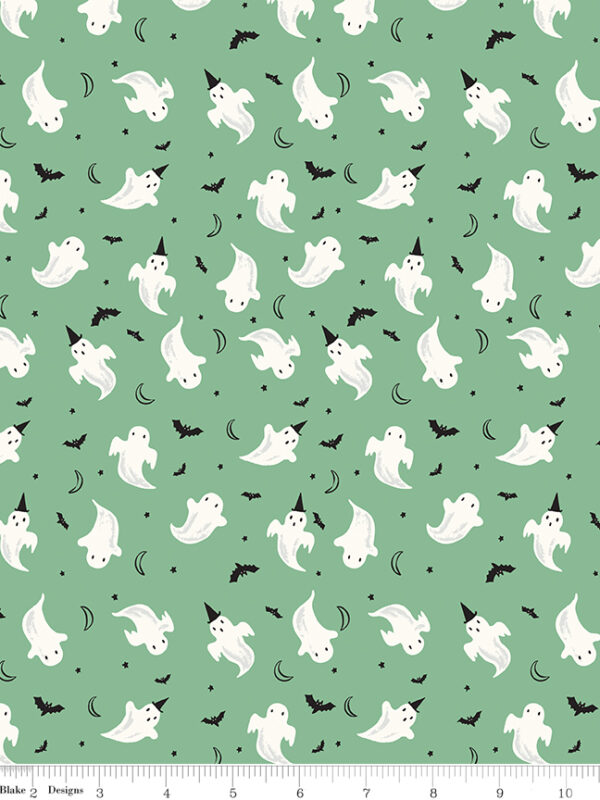 Frank and Friends Ghosts Green fabric with ghosts bats moons and stars