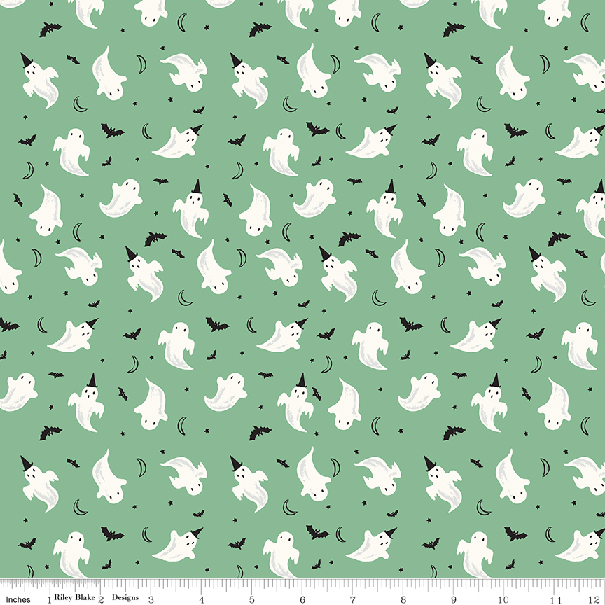 Frank and Friends Ghosts Green fabric with ghosts bats moons and stars